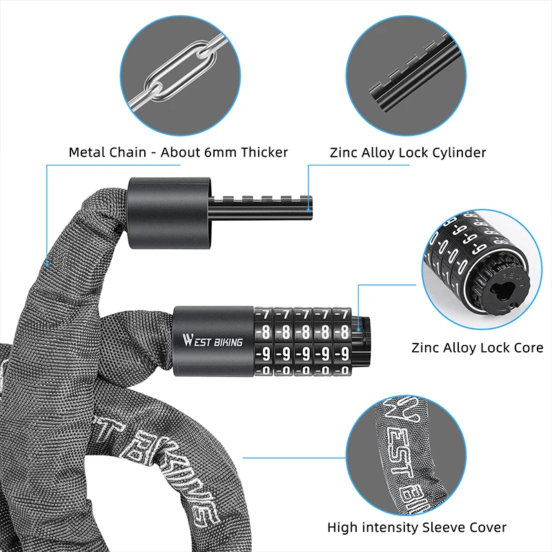 WEST BIKING Bicycle Anti-Theft Lock 5 Digits Combination Password Lock Bike Safe Chain Lock Scooter MTB Road E-Bike Accessories