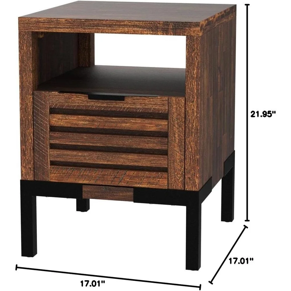 Solid Acacia Wood Nightstand with Drawers Open Shelf Pre-Assembled Rustic Industrial Modern Side Table Home Storage Decor 3