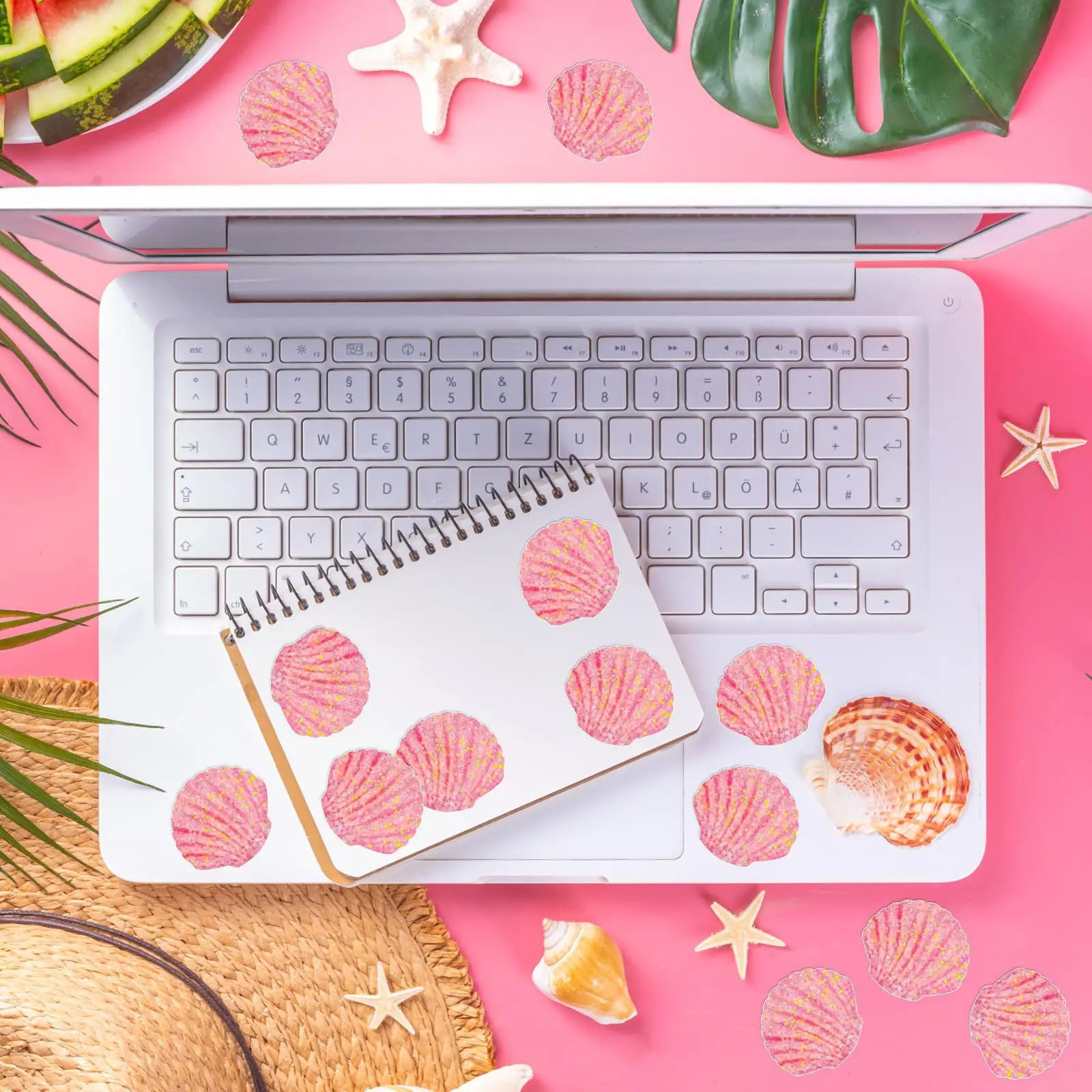 500 Pcs 여름 조개 스티커 롤 홀로그램 씰 스티커 반짝이 핑크 바다 조개 반짝 이는 자체 접착 데칼 생일용