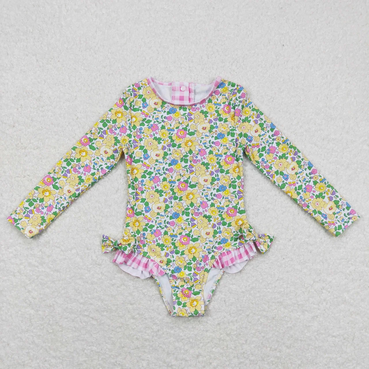 Wholesale Baby Girl One Piece Long Sleeves Swimming Suit Children Toddler Summer Inner Floral Ruffle Swimwear Infant Swimsuit