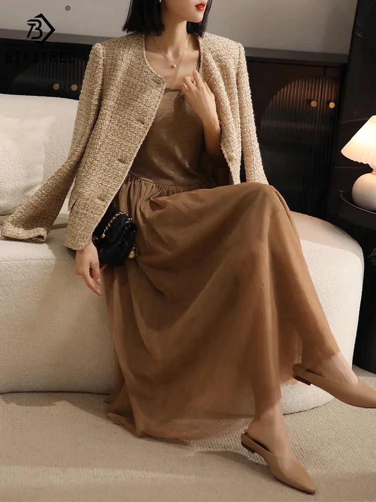 

Birdtree 100%Sheep Wool Autumn Winter Sling Dresses Women's Round Collar Mesh Maillard Retro Elegant Fashion OL Dresss D30377QM