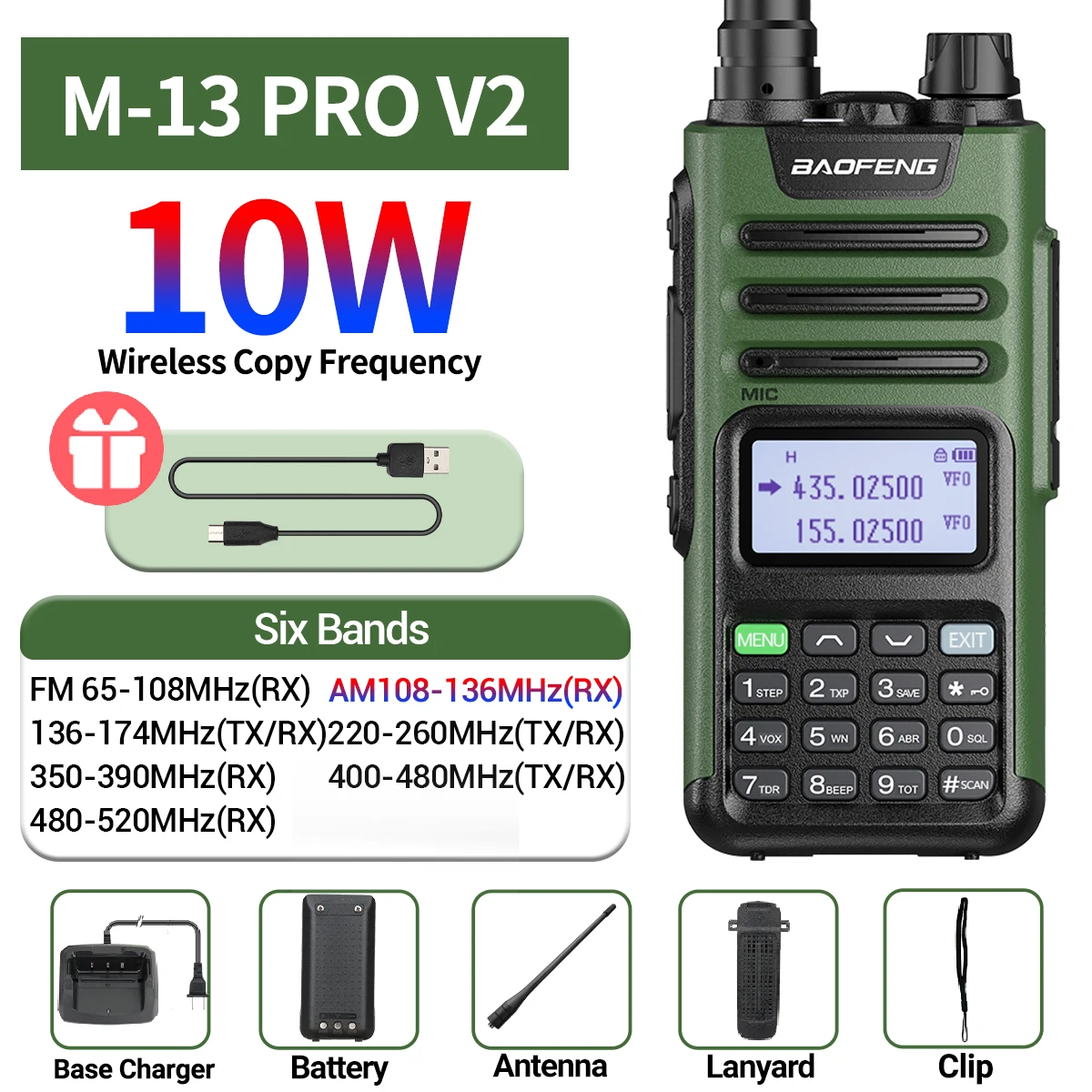 Baofeng M-13 Pro V2 Air Walkie-Talkie mit großer Reichweite, drahtloser Frequenzkopie, Mehrband-NOAA-Typ-C-AM-Zweiwegradio_voghion.com