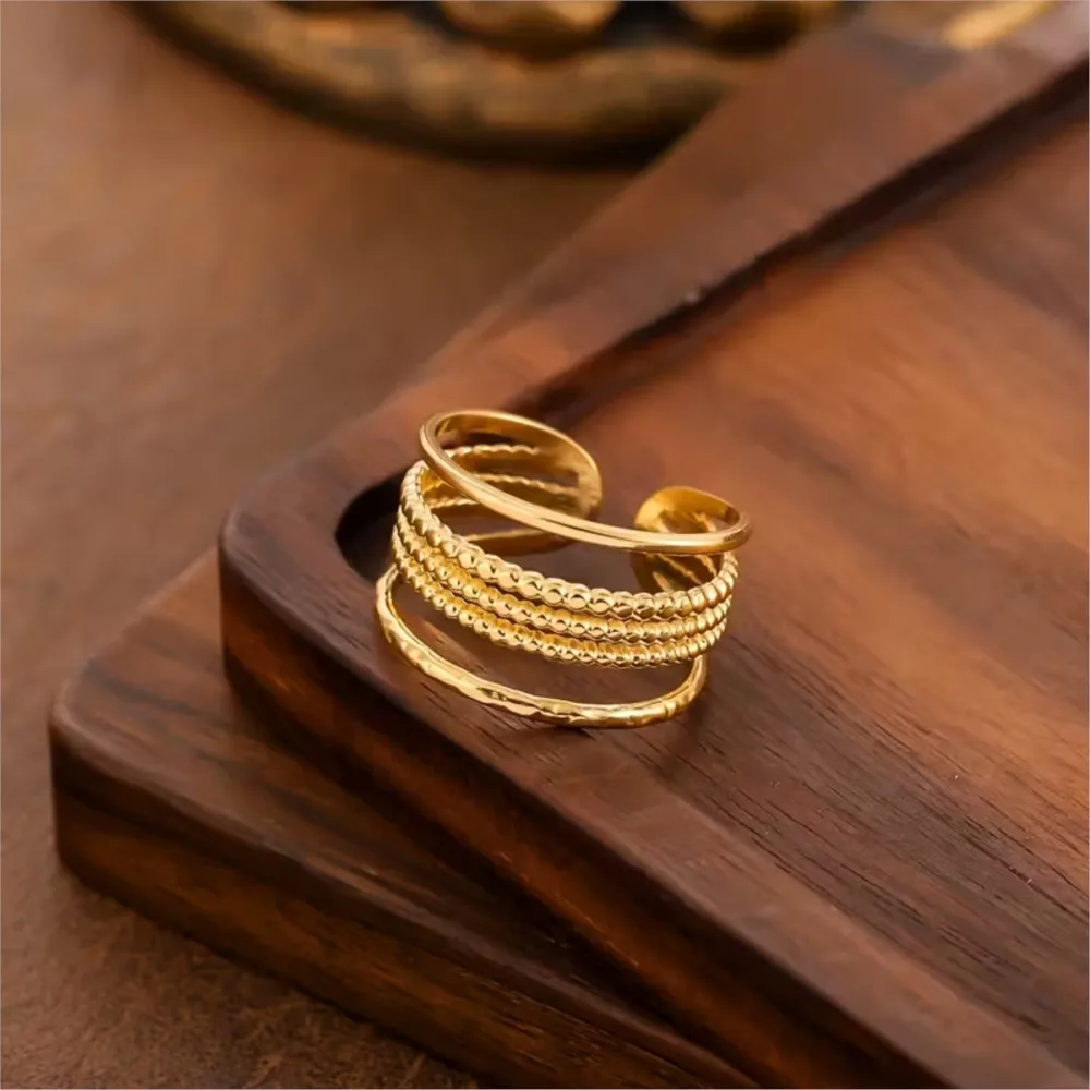 Stainless Steel Multi-Layered Bead Design Open Ring for Women Vintage Bohemian Stackable Ring Jewelry Accessory Gifts