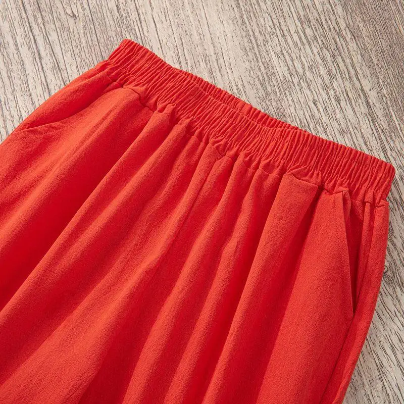 Women Summer Casual Loose Harem Elastic Waist Cotton Linen Pants Ninth Trousers