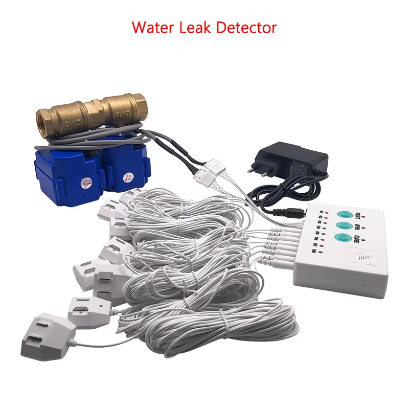 russian water leak sensor alarm wld 806 with 1 2 dn15 3 4 dn20 1dn25 valve aaginst flood overflow water leaking detector Water Leakage Detector( 8pcs Sensor Cables ) with 2pcs DN20 Valves Against Leak for Overflow Detecting Flood Level Alarm