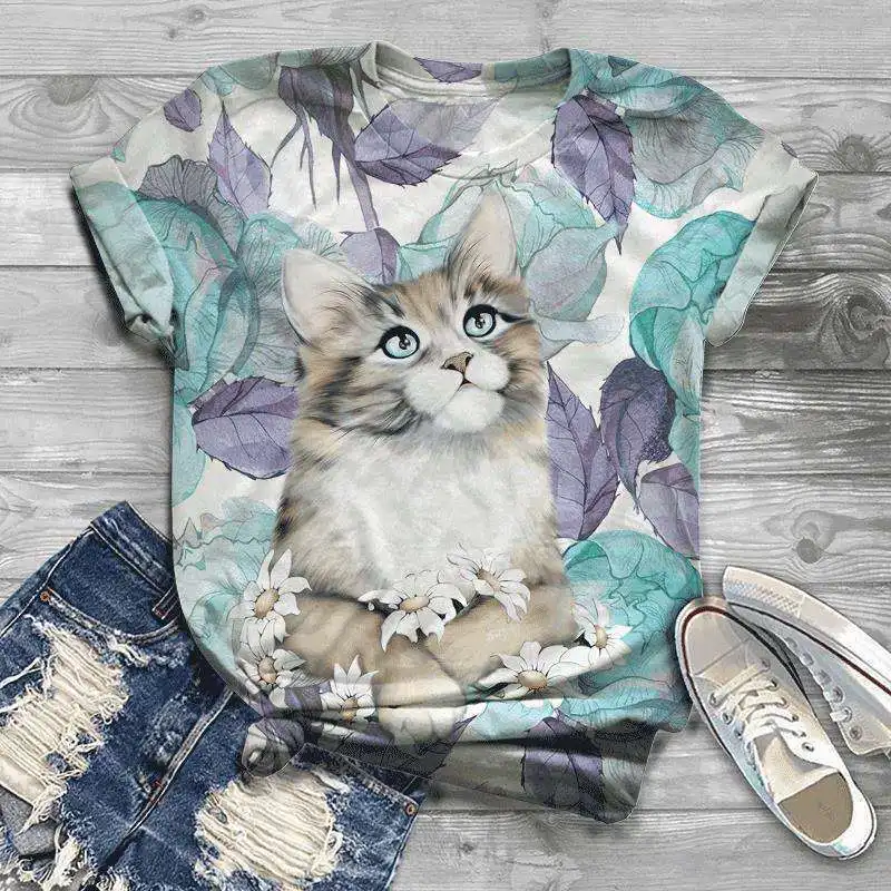 T-shirt imprimé hibou 3D pour femme, surdimensionné, décontracté, à manches courtes, motif chat, motif animal, Kawaii801_voghion.com