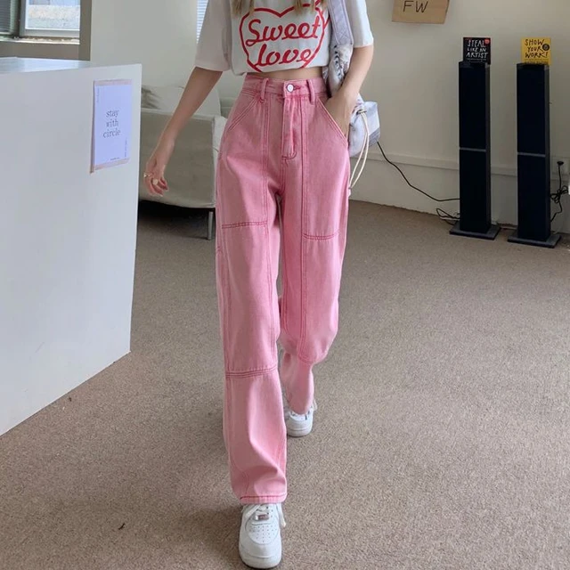 American-Style Straight Pink Jeans Women Summer High Waist Hot Girls Loose  Slimming and Wide Leg Pants Mop Trousers High Street - AliExpress