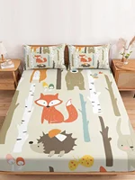 Trees Children Animal Fox Rabbit Queen Size Bed Mattress Fitted sheet Elastic Rubber Band Non-slip Bed Sheet Pillowcase Set 1
