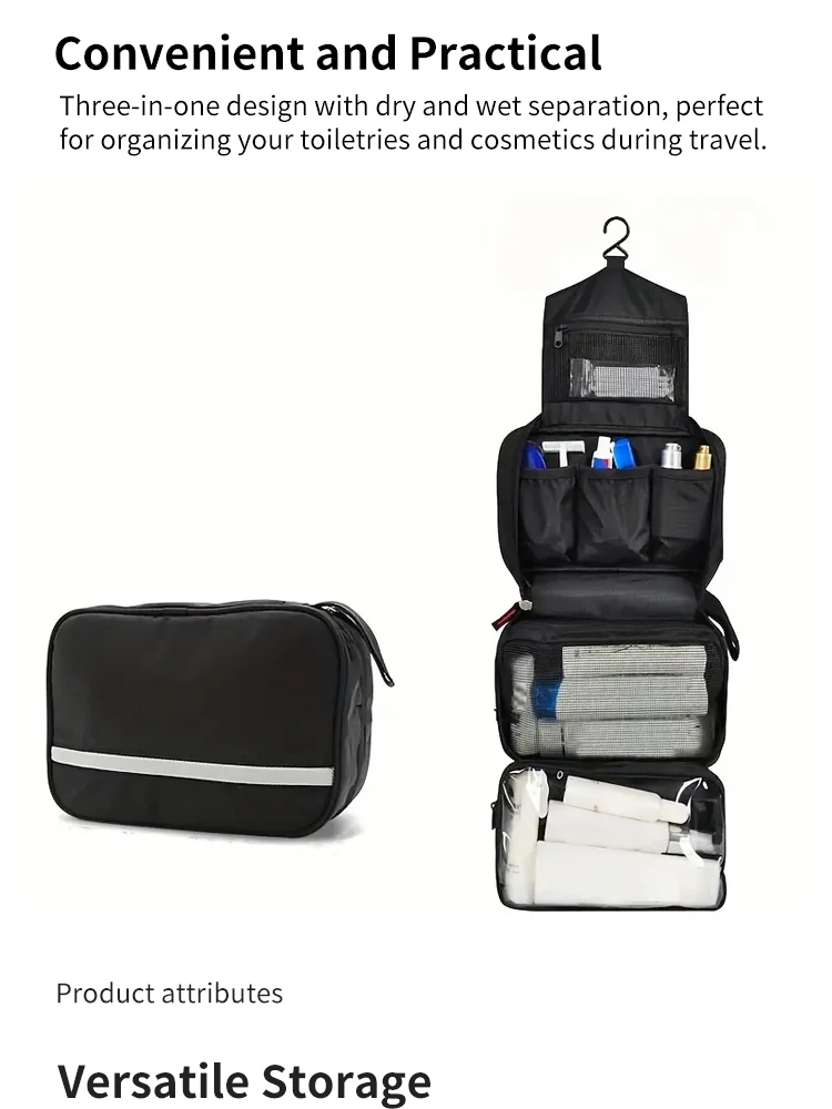 Description Picture 3 of item1Pc Three in One Travel Wash Bag Portable Hanging Storage Bag Nylon Waterproof Dry Wet Separation Cosmetic Wash Supplies Storage