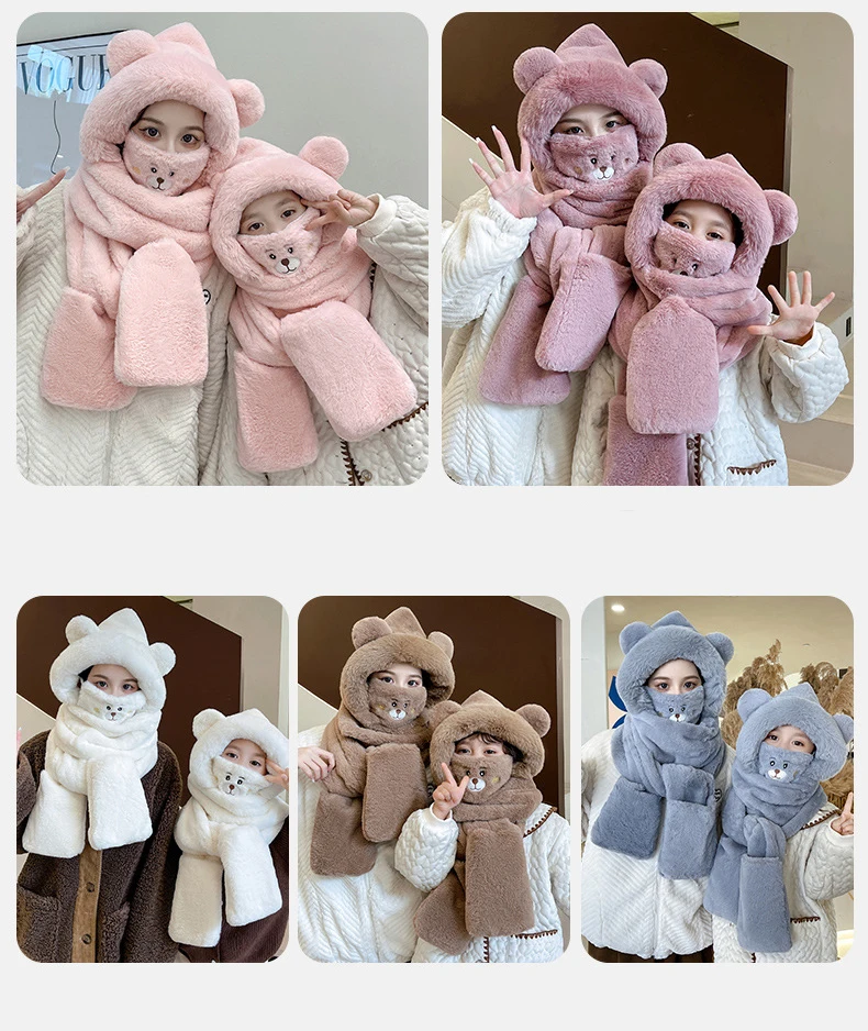 

3-in-1 Glove Scarf Bear Hat Cute Cartoon Cap Kawaii Funny Birthday Gift Bunny Plush Hat Winter Parent-Child Gloves Scarf Set