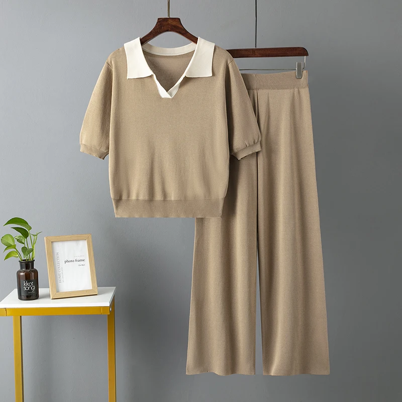 New Autumn Pama Sets for Women Polo Collar Short Sleeve Knitting Top Sweater High Waist Wide Leg Pants Two Piece Set_voghion.com