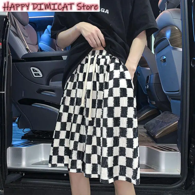 

Men Women's Shorts Summer Vintage Checkerboard Ice Silk Breathable Casual Half Trousers Versatile Hip Hop Punk Pants