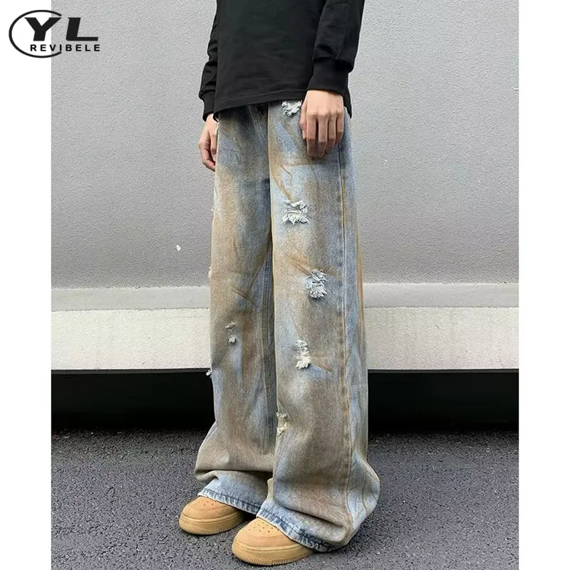 Hole Tie-dye Denim Pants Man Woman Gothic Hip Hop Distress Wide Leg Jeans Unisex Vintage Cargo Pant Wash Baggy Straight Trousers
