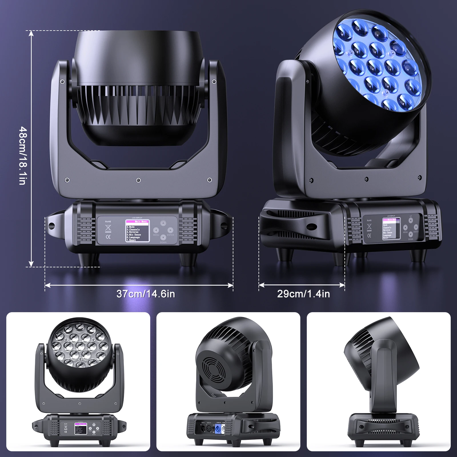Moving Head Light 19x15W DMX512 High Brightness Light Wash Zoom Stage DJ Disco Bar Party Dance Hall KTV