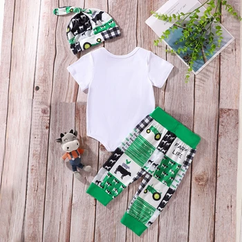 0-24M Baby Boys Outfit Short Sleeve Letters Print Romper with Pants and Hat Infant Clothes 2