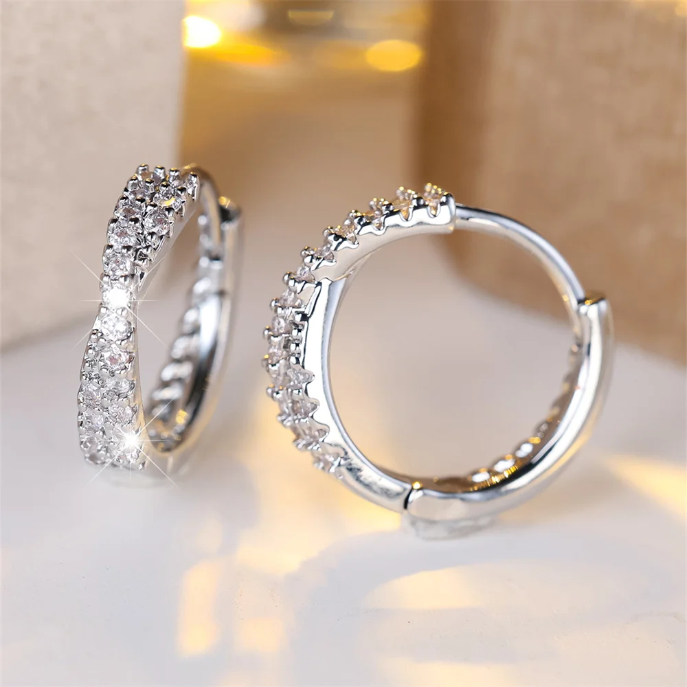 White Zircon Small Stone Crossed Hoop Earrings For Women Vintage Gold Silver Color Wedding Jewelry Versatile Accessory