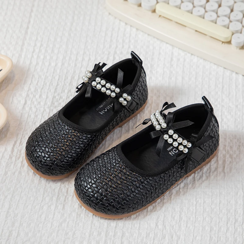 Girls Woven Princess Shoes Elegant Beading Fashion Children Performance Shoes Sweet Kids Leather Shoes for Party Wedding