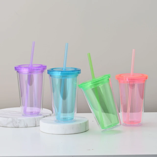 Clear Colorful Tumbler 16oz Water Cup With Straw Plastic Travel Mug Double  Wall Iced Coffee Tumblers