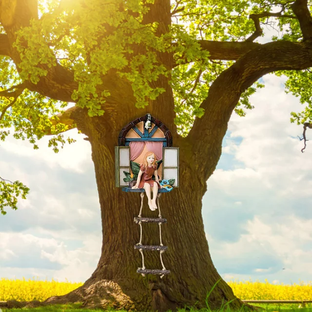 Tündér Ház Fa Függő Szobrászat Létra Gyanta Szobor Figura Kültéri Dísz Otthoni Kerti Udvari Művészeti Dekorációhoz - Image 5