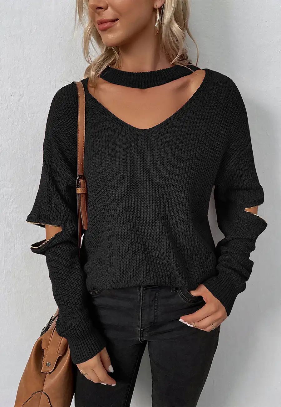 Knitted Choker Cutout Front Solid Color Open Neckline Ribbed Knit Pullover Drop Shoulder Zippered Long Sleeves Sweater