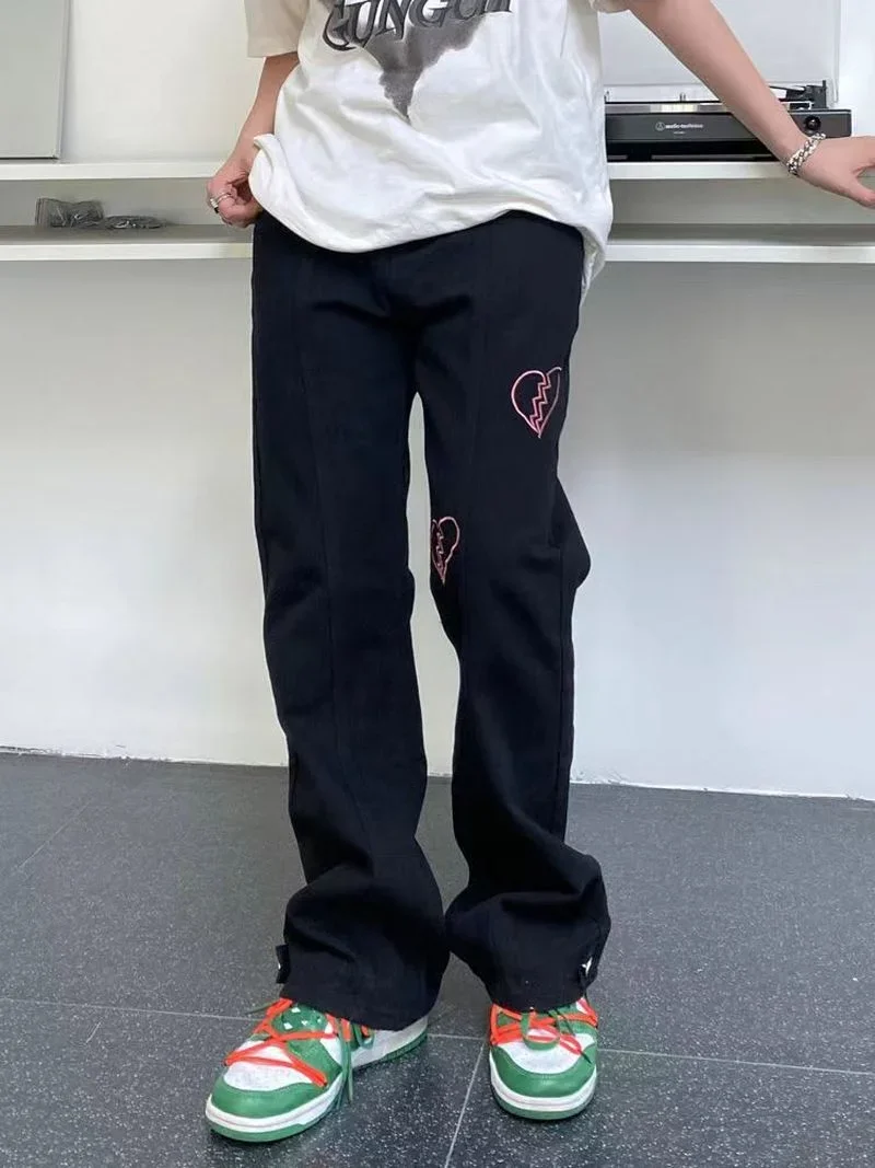 Y2k Heartbreak Graphic Jeans Wide Leg Pants Street Wear Highstreet Design BF Baggy Jeans Distressed Pants Straight Leg Pants