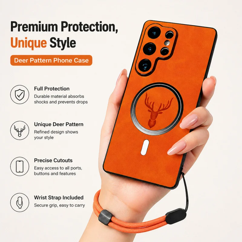 Luxury Leather Magnetic Wireless Charging Phone Case with Lanyard Cover