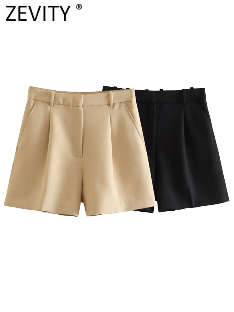 

ZEVITY Women Fashion High Waist Pleats Design Solid Color Casual Shorts Lady Zipper Fly Hot Shorts Chic Pantalone Cortos QUN3793