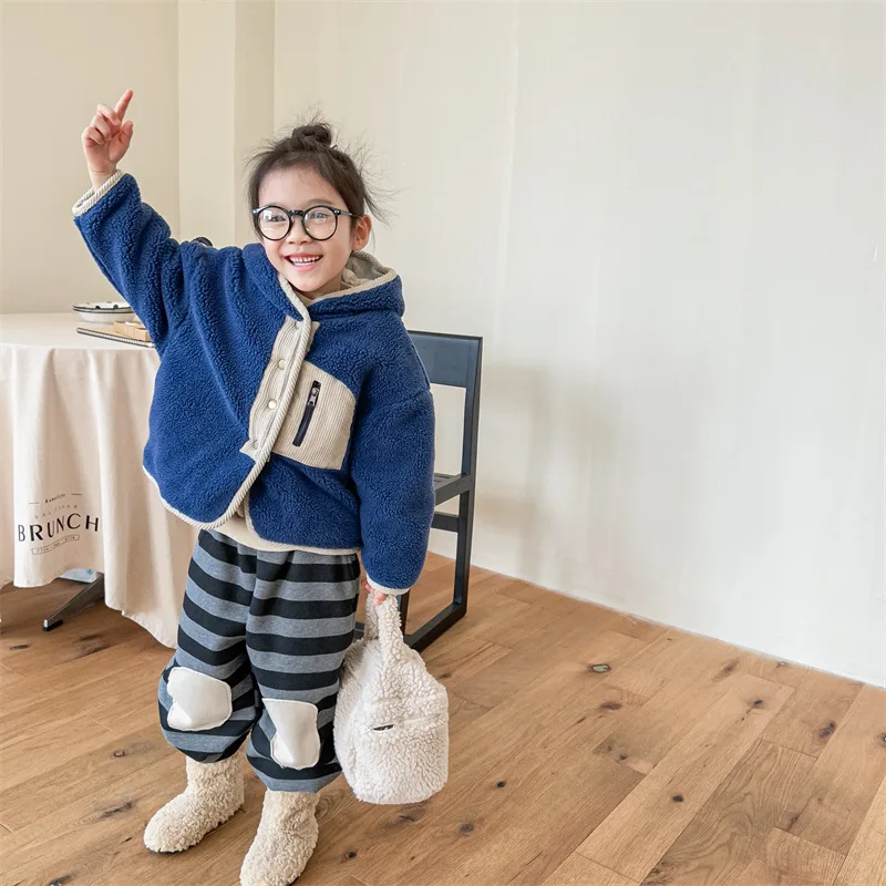 Autumn Winter Costume Fashion Boy Children Fleece Thicekn Hooded Cotton Coat Girl Baby Plus Velvet Warm