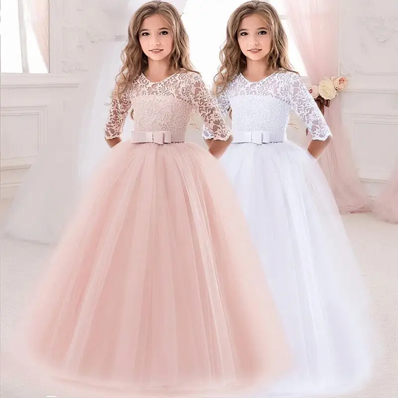 Elegant White Bridesmaid Girl Party Wedding Lace Dress Kids Dresses for Girls Children Costumes Princess Vestidos 6 10 12 Years