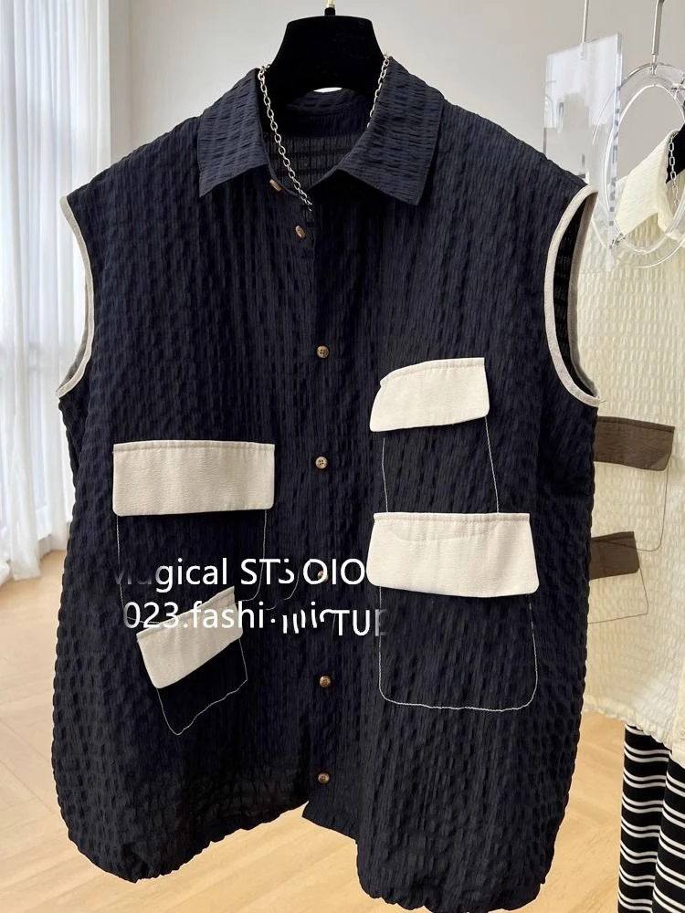 Spliced denim vest women's new autumn and winter pocket shoulder jacket sleeveless top  jackets  jackets for women 2024