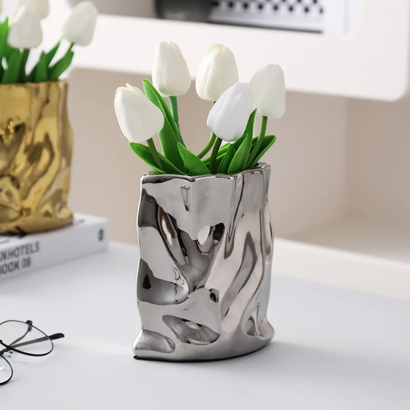 Nordic Ceramic Irregular Vase Electroplating Vase Living Room Office Decoration Simple Modern Flower Arrangement Home Decoration 3