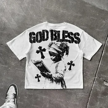 God Bless Children's Prayer Graphic Print Cotton T-shirt Men Women High Quality Tops Vintage Style T Shirt Outside Streetwear 1