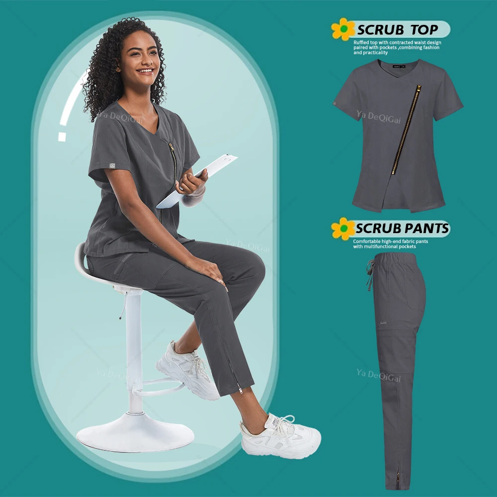 

Zipper Closure Medical Nursing Uniforms Dental Clinic Workwear Hospital Doctor Nurse Scrubs Sets Heathy Beauty Salon Work Suits