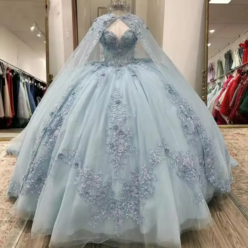ANGELSBRIDEP Glittering Light Blue Quinceanera Dress With Cape Flower Lace Vestidos De 15 Anos Birthday Party Princess Ball Gown