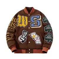 Embroidery Varsity Jacket Men Women | Letter Winter Baseball Jacket | Hip Hop Woolen Thick Warm Coat Parkas Brown - Image 6