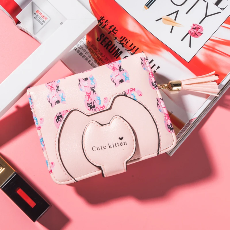 

Women Mini Wallet Tassel Cartoon Cat Purse For Ladies Printing PU Leather Designed Coin Bags Female Card Holder Cute Girl Wallet