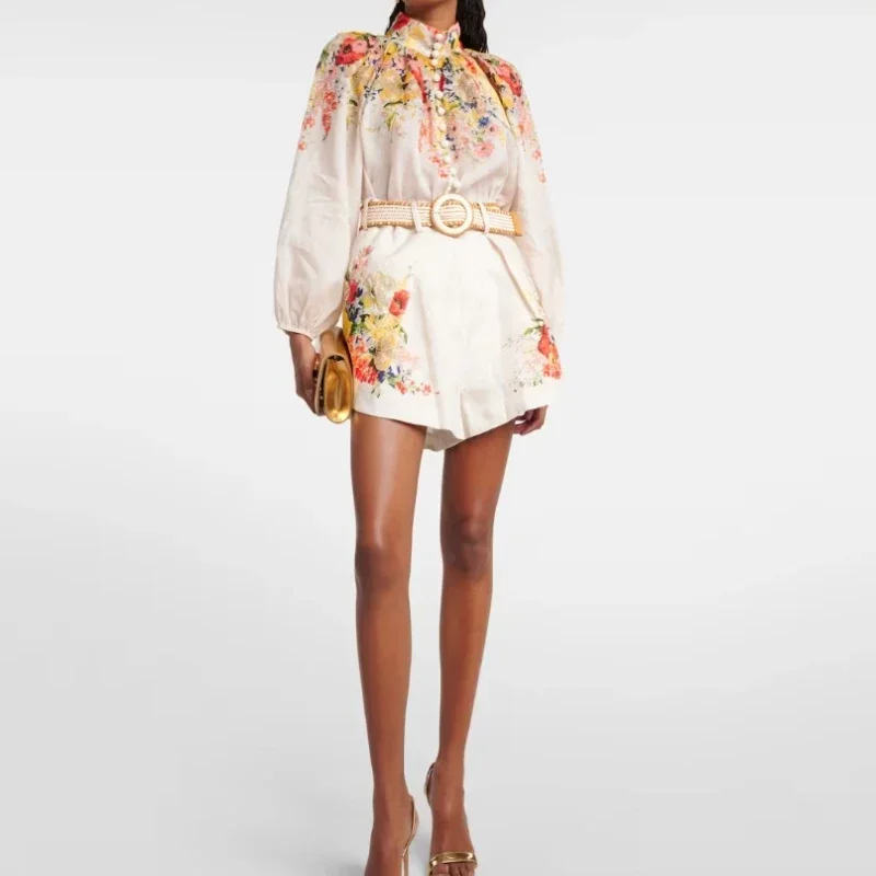 

2024 Spring Summer Women Casual Top Quality Apricot Floral Print Blouse and Shorts Set