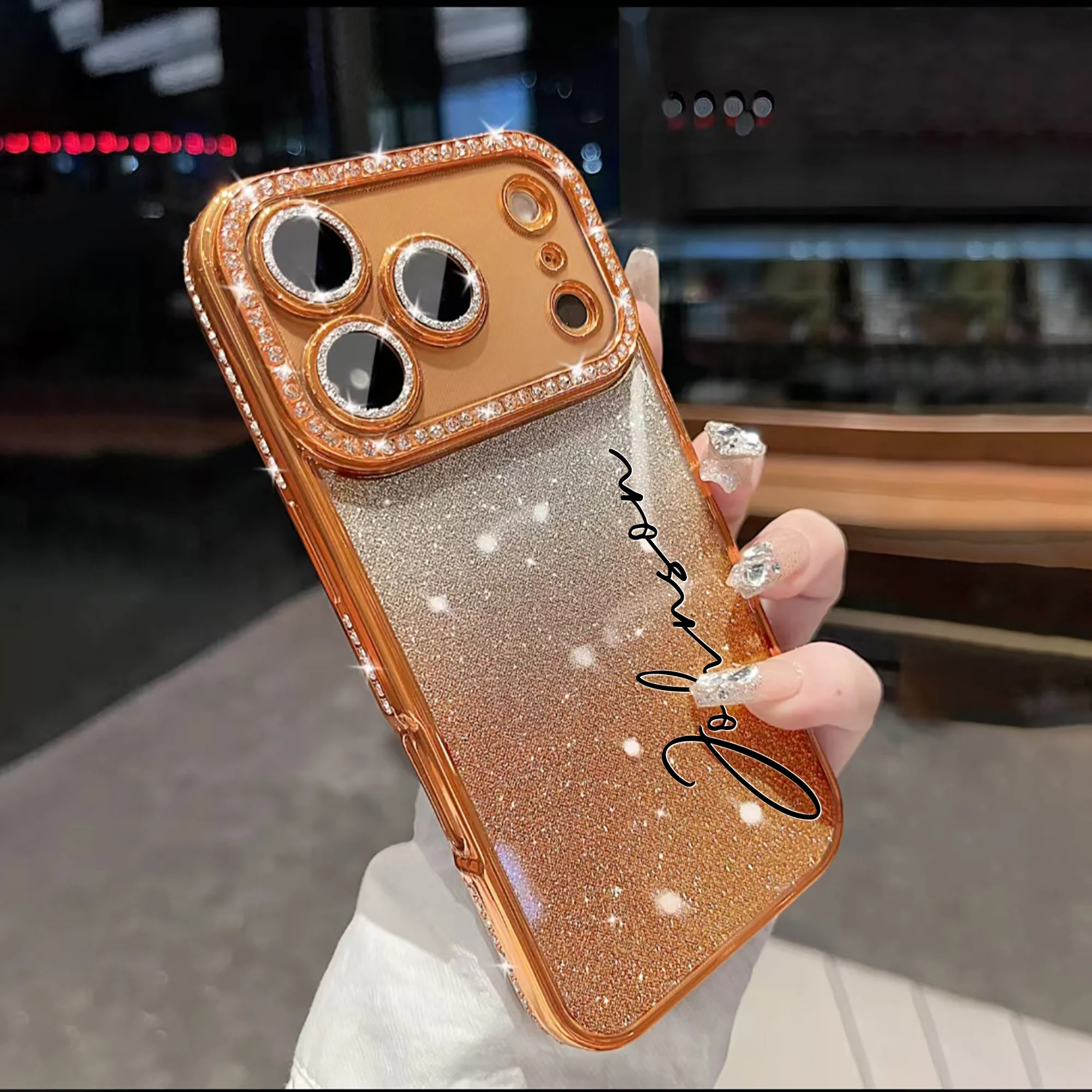 Custom Letters Name Starry Orange Flash Diamond Gradient Phone Case thumbnail 1