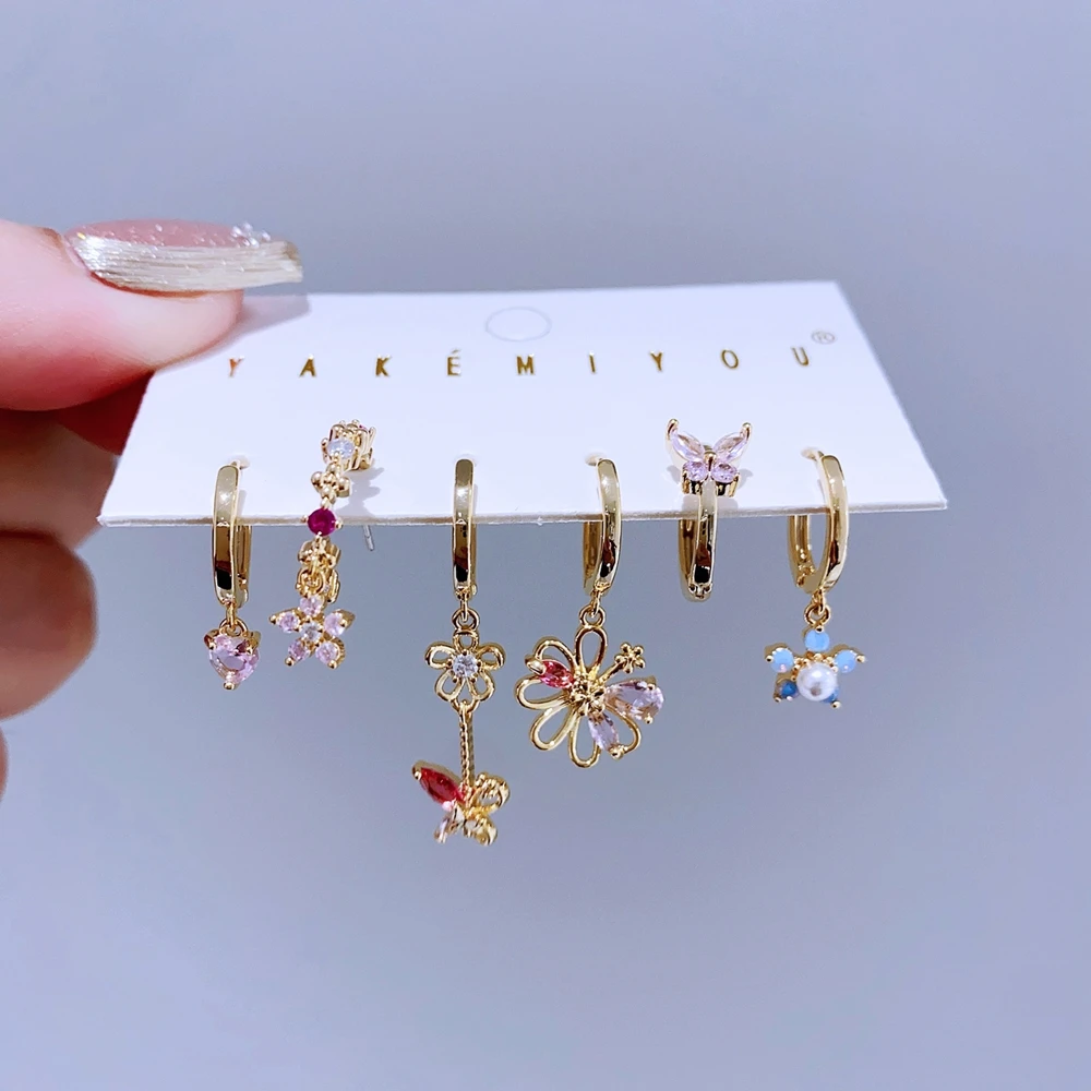 High End 6pcs/set Flower Butterfly Pendant Drop Earrings Gold Plated Cubic Zirconia Stone Women Jewelry 3