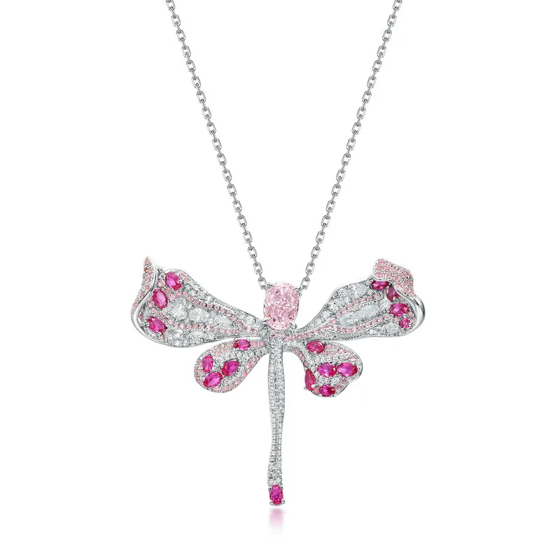 

Cross Border Hot Picking Dragonfly Shape Light Pink High Carbon Diamond Pendant S925 Silver Full Set Colorful Diamond