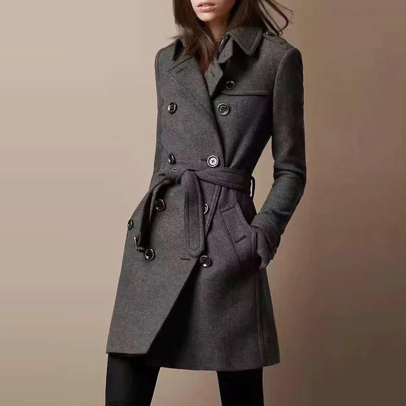 

Femme Vintage Double Breasted Lapel Blazer Jacket Autumn Tie-up Slim Straight Women Cardigan Winter Long Sleeve Warm Woolen Coat