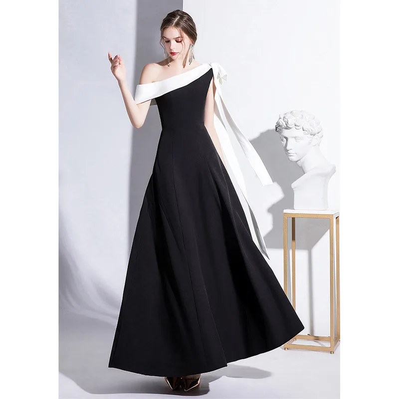 LANMU Black Evening Dress Women's New 2024 summer One Shoulder Style Banquet Slim Long Daily Prom Gown Graduation Party Dress