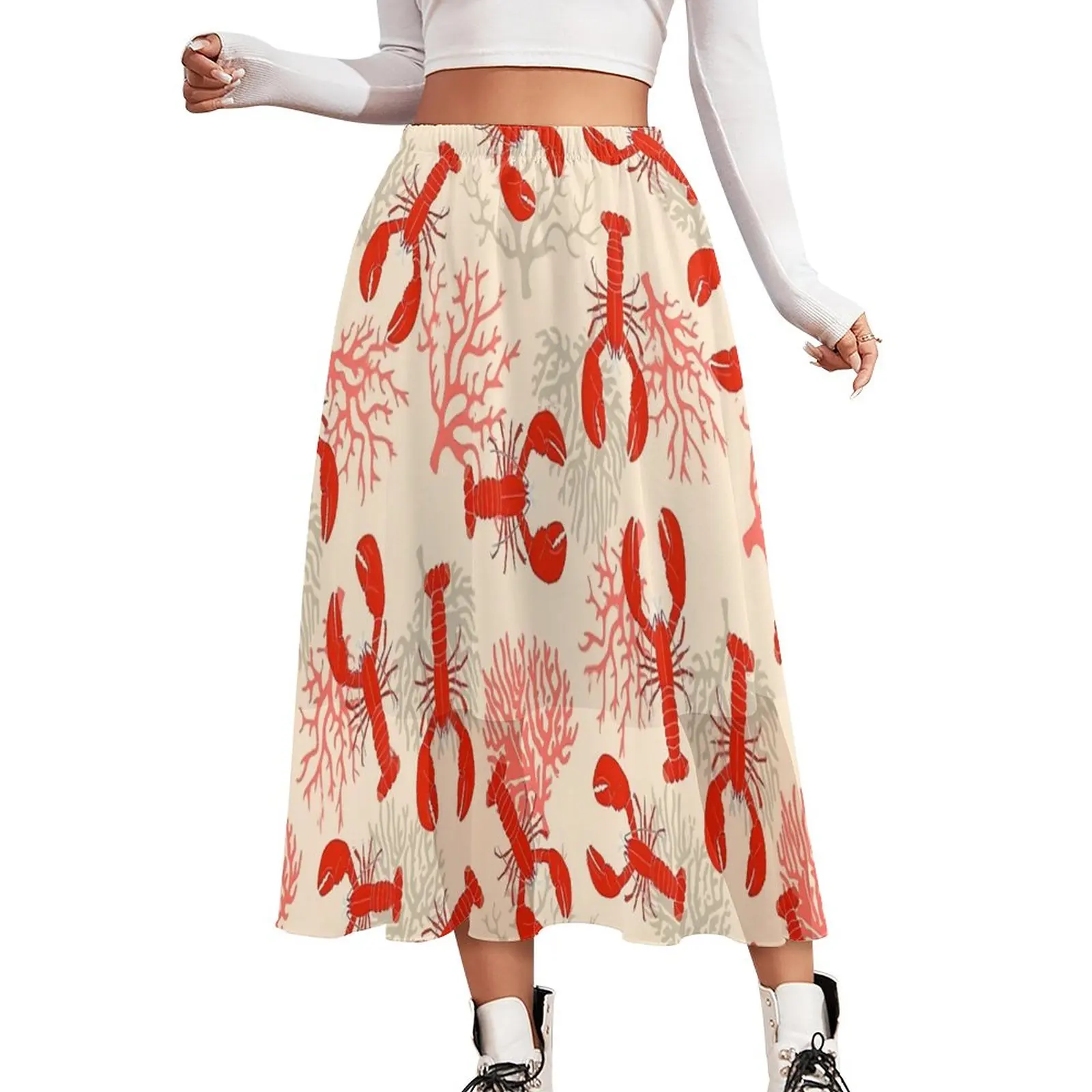 

Red Lobsters Skirt Coastal Coral Vintage Boho Skirts Summer Aesthetic Elastic Waist Chiffon Custom Oversize A-line Skirt