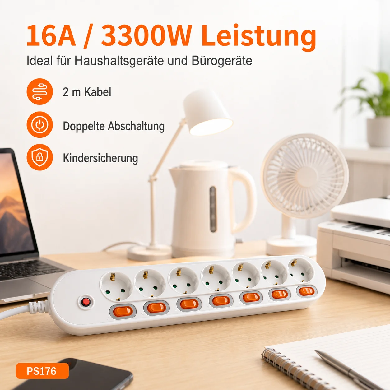 Enhanced Power Strip with Surge Protection - EU Plug, Multiple Outlets, Independent Control Switches, Long-Duration Cord