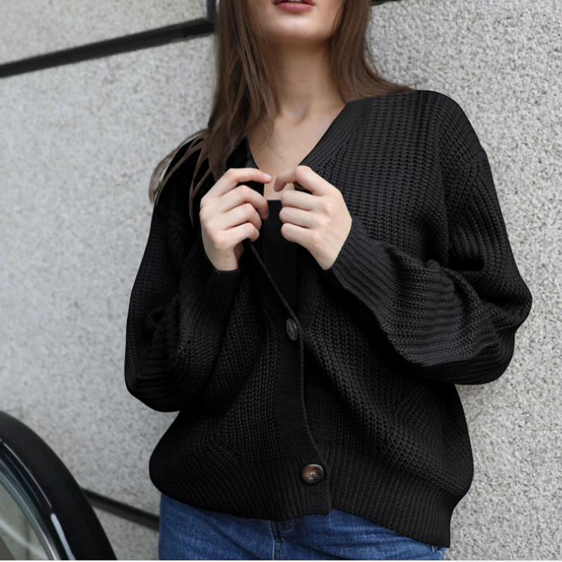 Zoki Women Knitted Cardigans Sweater Fashion Autumn Long Sleeve Loose Coat Casual Button Thick V Neck Solid Female Tops 2022 christmas sweatshirt