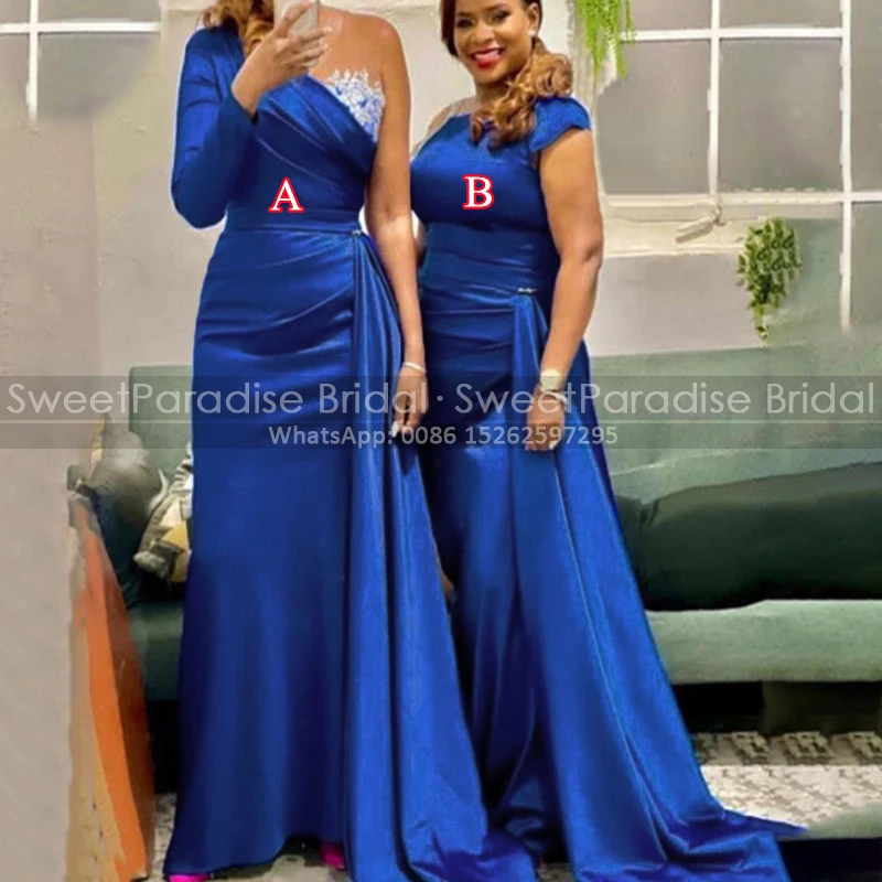 

Royal Blue Long Bridesmaid Dresses With Waistline Cape Pleat Mermaid Single Long Sleeves Trumpet Wedding Party Dress