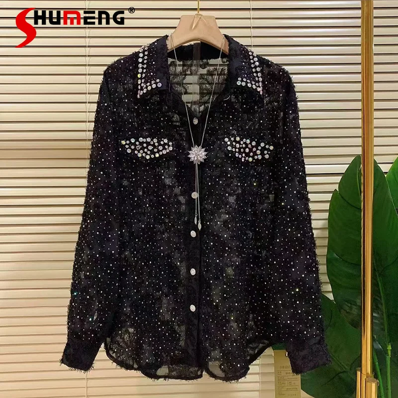 2024 Spring Summer New Heavy Industry Full Diamond Design Fake Top Pocket Shirts Light Luxury Slimming Oversize Women's Clothing 2023 new spring and summer korean edition simple loose casual polo print three quarter fake two piece oversize women s shirts