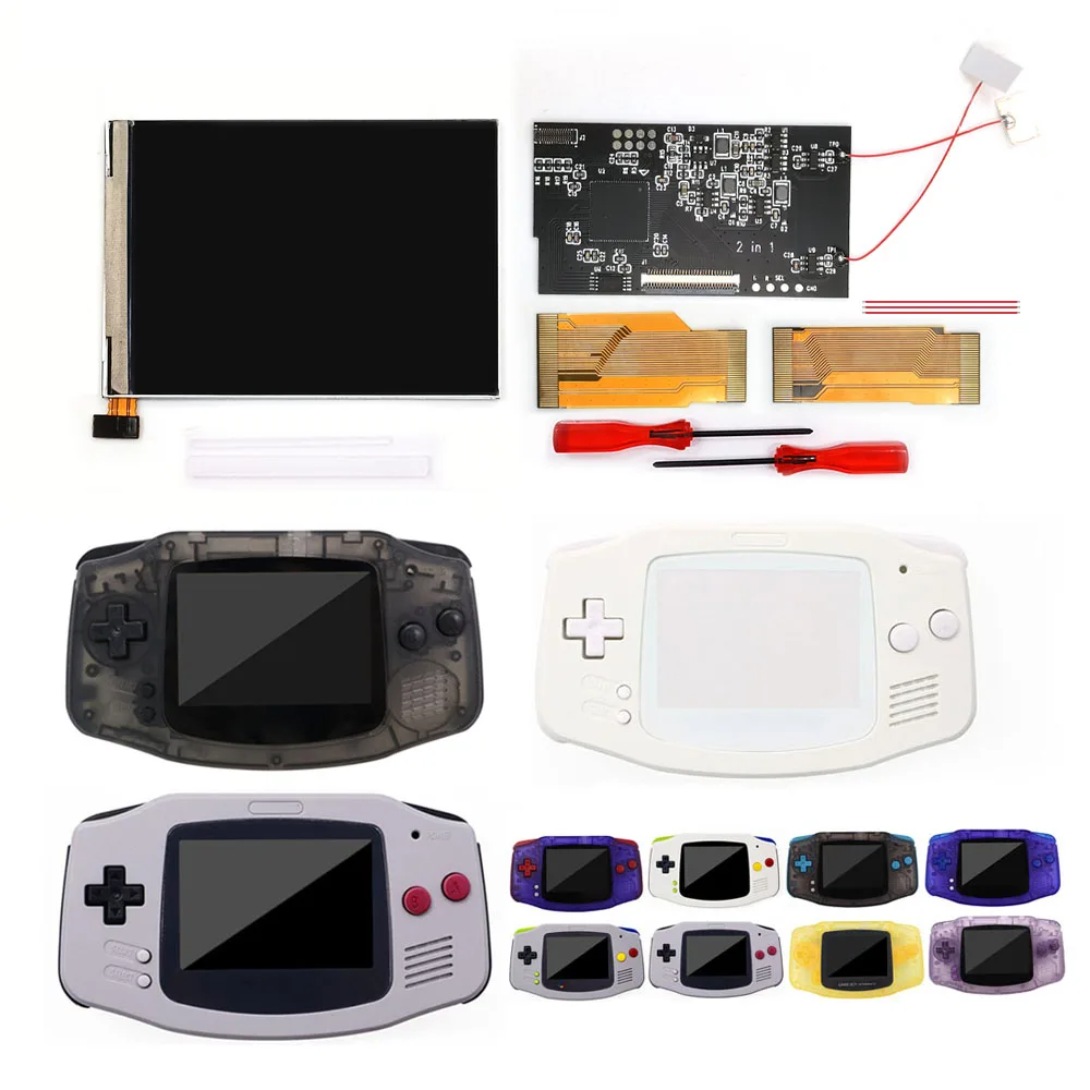 

2 In 1 GBA IPS V2 LCD Screen Kits With Pre-cut Housing Shell for Game boy Adavance Console 10 Levels Brightness Backlight