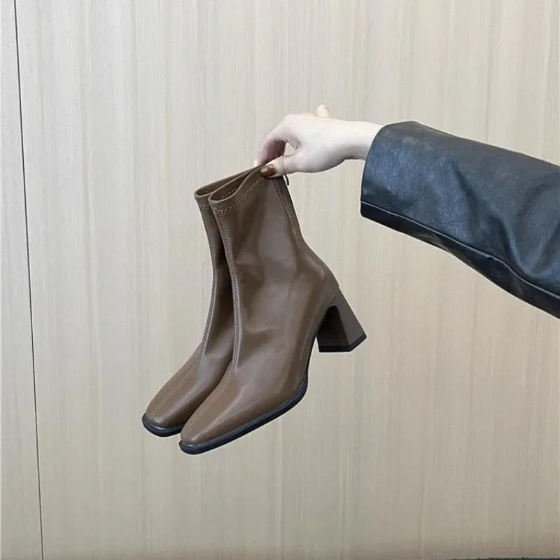 

Женские ботильоны на высоком устойчивом каблуке, осенне-зимние рабочие ботинки на молнии сзади, новинка 2024