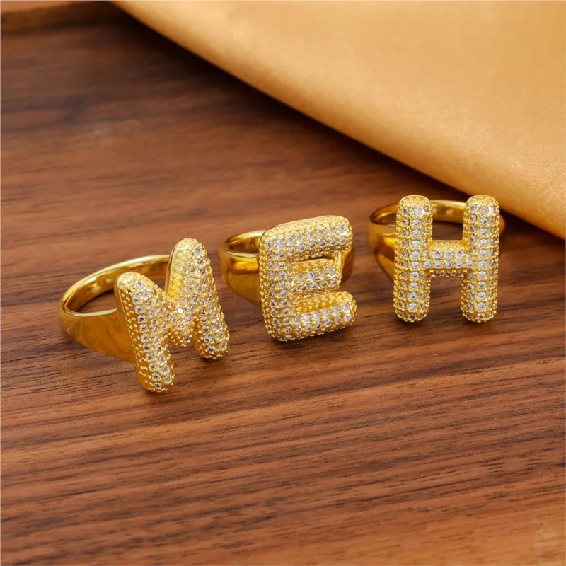 14K Gold Color A To Z Letters Shape Zircon Rings for Women Elegant Fashion Adjustable Ring Jewelry Gifts
